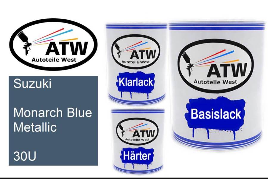 Suzuki, Monarch Blue Metallic, 30U: 1L Lackdose + 1L Klarlack + 500ml Härter - Set, von ATW Autoteile West.